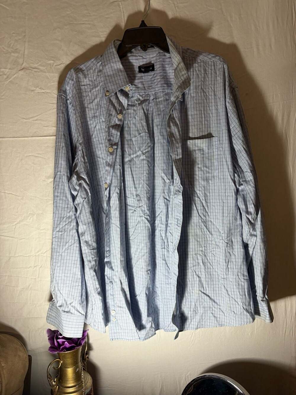 Van Heusen Men's Blue Plaid Long Sleeve Button Down Shirt Size 17-17.5 XL